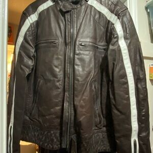 Men's Brown Leather Jacket with White Racing Stripes